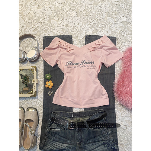 涂涂和阿冉 原创粉色字母印花短袖T恤女系带设计感小众小众上衣