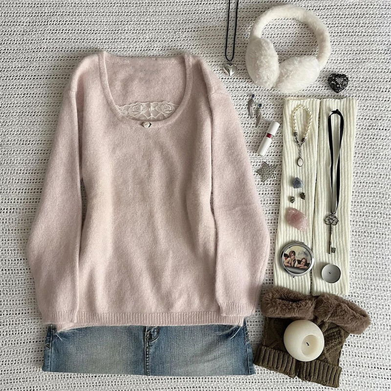 轻亚少女 原创粉色软糯毛衣女秋冬立体花朵设计感小众针织衫上衣