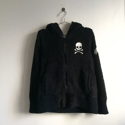 轻亚少女 原创黑色羊羔毛连帽卫衣外套女秋冬骷髅设计感小众上衣