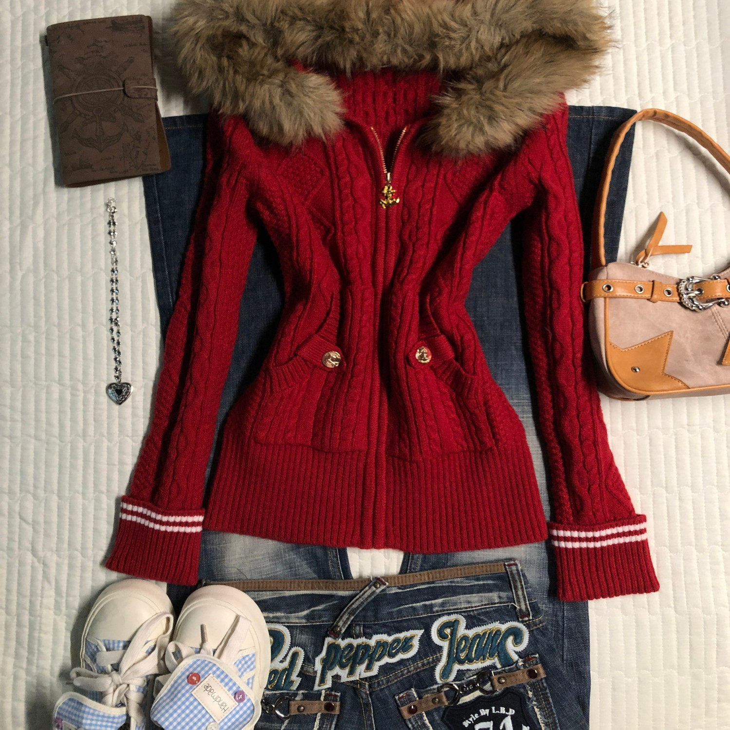 轻亚少女 原创红色休闲连帽毛衣外套女秋冬美式复古收腰针织开衫