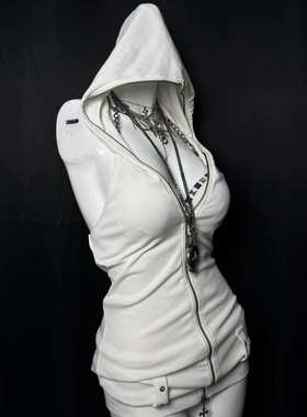 轻亚少女 原创白色露背挂脖连帽背心女春夏款vintage辣妹穿搭上衣