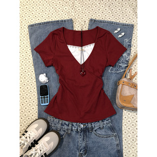 轻亚少女 原创红色假两件T恤女夏季vintage古着穿搭时尚洋气上衣