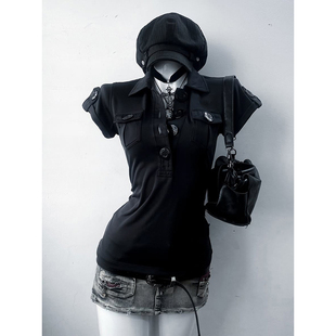 轻亚少女 原创黑色复古修身短袖T恤女夏vintage古着穿搭辣妹上衣