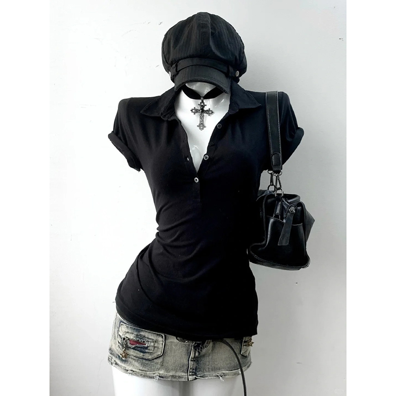 轻亚少女 原创黑色Polo领短袖T恤女夏季vintage古着穿搭收腰上衣