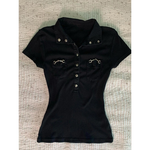 轻亚少女 原创黑色polo领短袖T恤女夏季美式复古穿搭正肩显瘦上衣