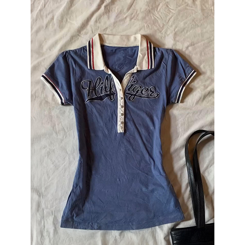 轻亚少女 原创蓝色短袖T恤女夏季vintage古着穿搭气质Polo领上衣