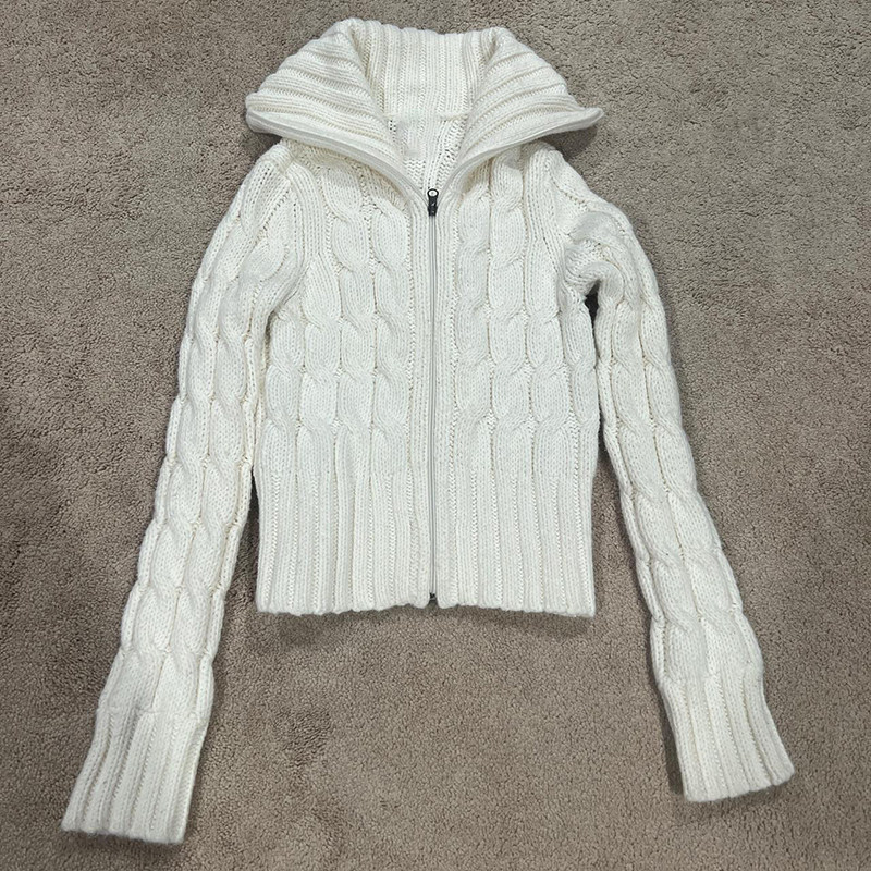 轻亚少女 原创白色麻花针织毛衣外套女秋美式复古设计感小众上衣