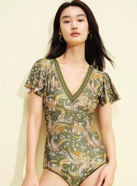 安莉芳旗下E-BRA女士三角连体泳衣短袖v领印花高级感泳装KS00024