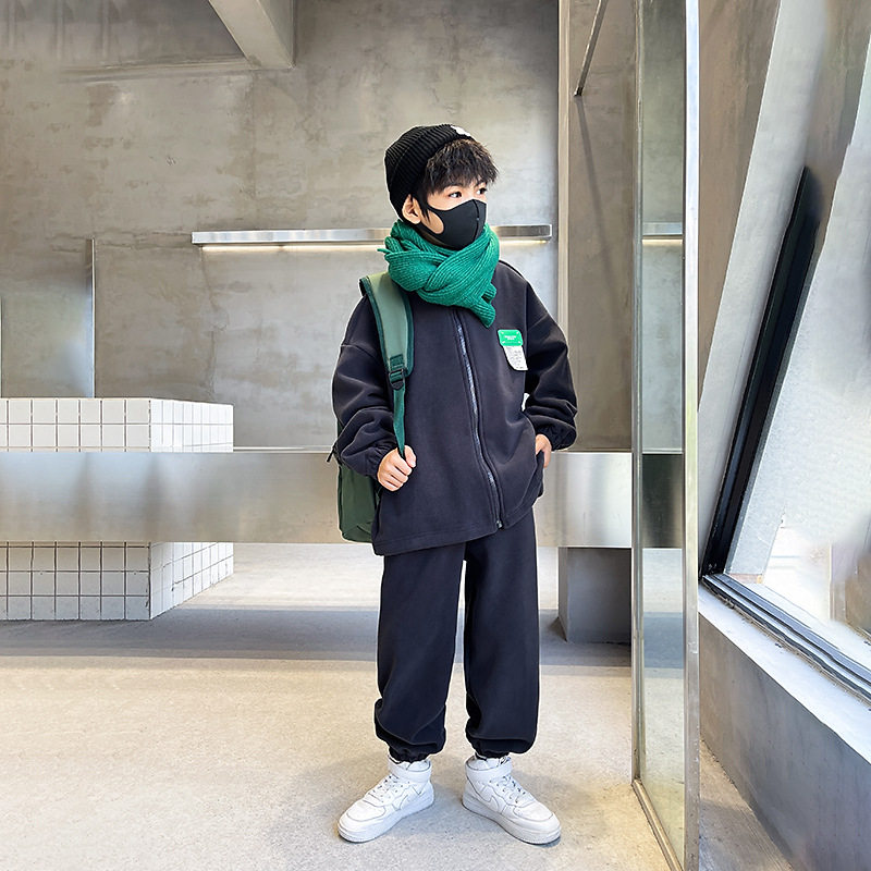 2024秋冬男童保暖两件套 湖州织里童装儿童立领开衫加绒卫衣套装