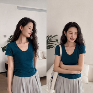 DIGM-0色全员自留韩系简约百搭舒适纯色圆领弹力显瘦短袖T恤60382