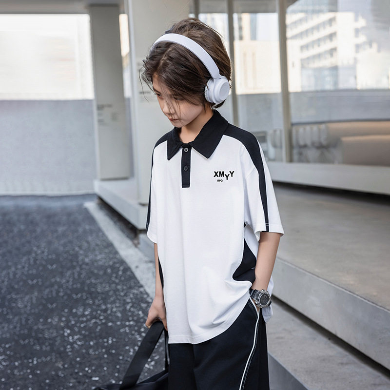 熊猫圆圆黑白拼色夏季儿童POLO衫夏 2025新款男童短袖运动t恤批发