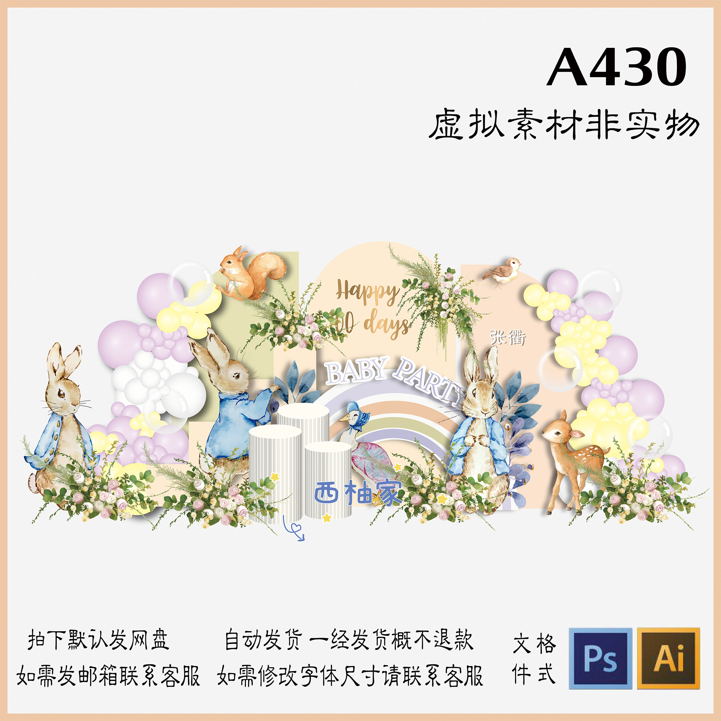 a430彼得兔主题森林动物宝宝百日宴周岁生日派对迎宾背景设计素材