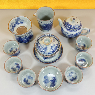 景德镇陶瓷茶具11件套装千里江山图青花山水釉下彩老陶泥开片杯子