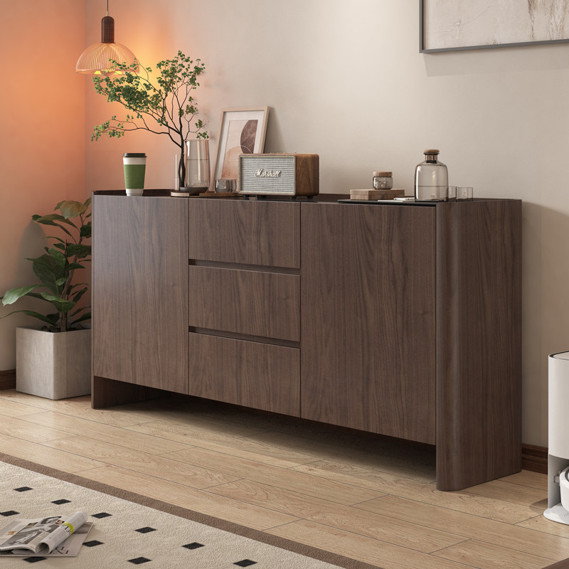 复古中古风餐边柜 侘寂风黑胡桃色钢化玻璃茶水柜实木储物玄关柜