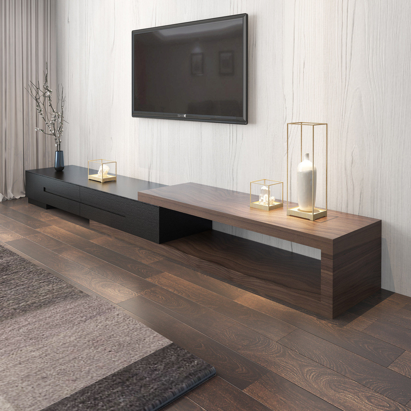 现代简约电视柜组合 黑色橡木纹可伸缩电视机柜 北欧客厅小户地柜