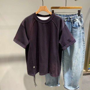 休闲宽松痞帅半袖 T恤美式 简约拼接设计重磅纯棉圆领短袖 潮牌男士