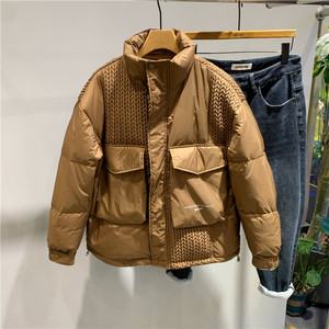 麦穗拼接冬季立领加厚羽绒服男美式休闲宽松大口袋白鸭绒工装外套