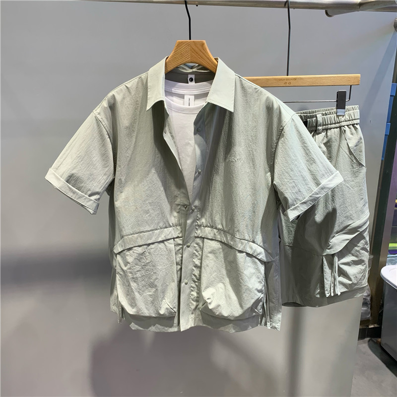 夏季新款男户外机能风工装短袖衬衫日系时尚宽松舒适短款两件套装