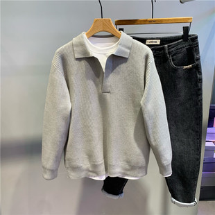 秋冬新款 通勤宽松高端套头毛线衣 复古翻领假两件针织毛衣日系时尚