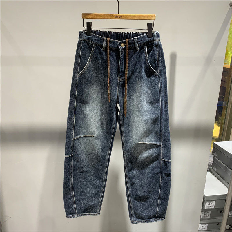 弯刀美式复古牛仔裤男士2025冬季新款松紧腰抽绳水洗蓝色加绒牛仔,男装,牛仔裤,淘宝优惠券,粉丝福利购,淘宝优惠卷