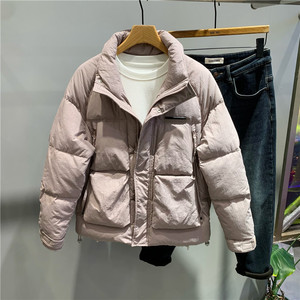 白鸭绒潮牌立领羽绒服冬季男拼接设计简约纯色加厚防寒面包服外套