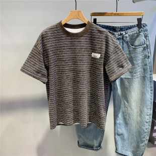 复古宽松高克重纯棉半袖 T恤美式 潮t 扎染做旧条纹重工短袖 角派夏季