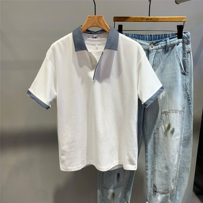 蓝格子拼色翻领polo衫