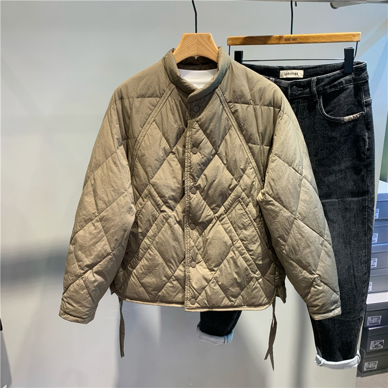 日系时尚菱形格两面穿立领羽绒男