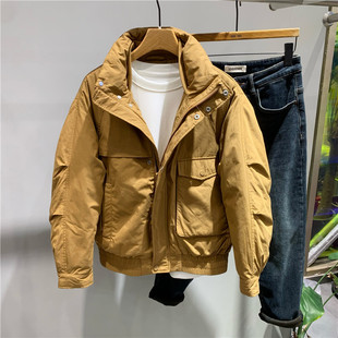 冬季新款日系时尚双层领工装短款修身羽绒服潮流时尚白鸭绒防寒男