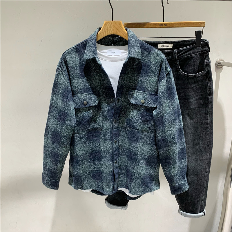 格子拼色长袖衬衫外套