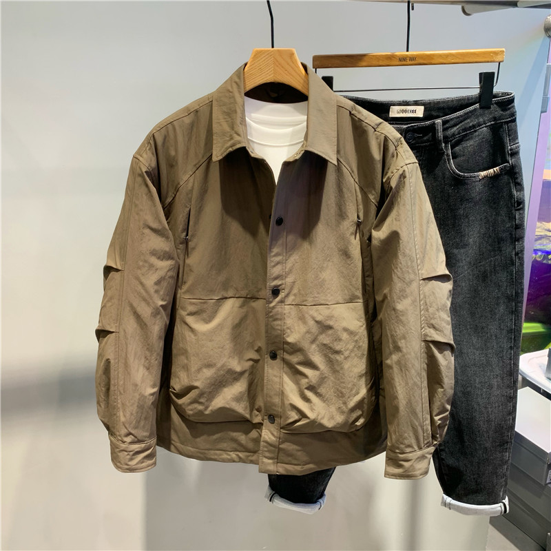 秋冬新款拼接假两件翻领棉衣外套韩版时尚工装保暖棉服夹克百搭男