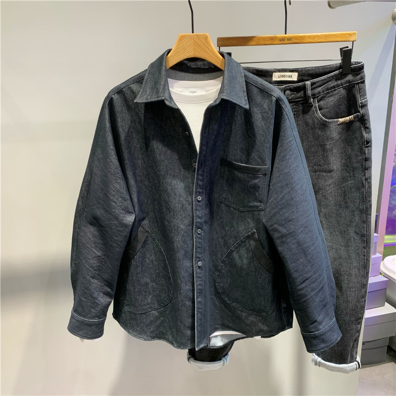 拼接设计水洗蓝色翻领牛仔衬衫