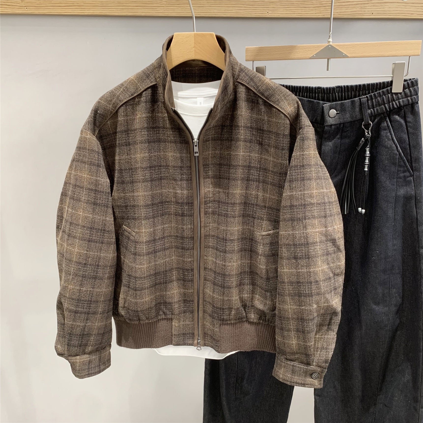老钱风格子拼色毛呢羽绒服
