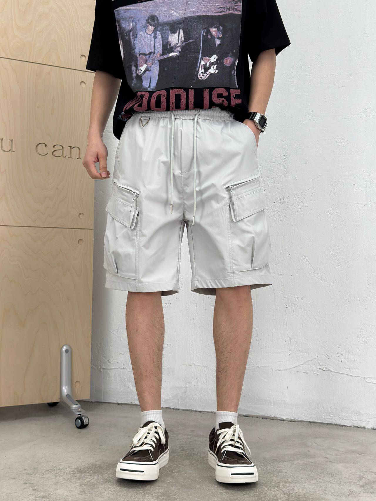 夏季男士时尚休闲韩版工装多口袋休闲短裤韩版时尚百搭松紧腰中裤