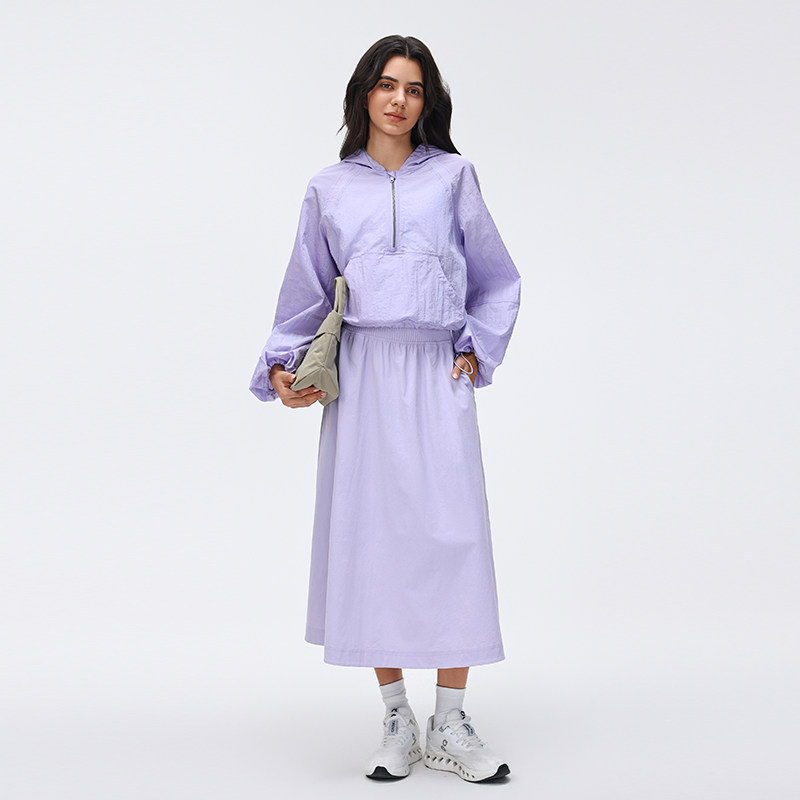 休闲运动风高腰A字裙女士松紧腰褶皱显瘦百搭健身长裙运动半身裙