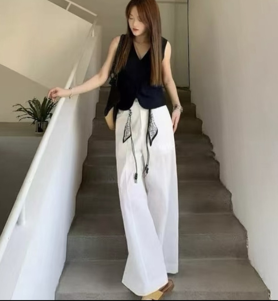 牛仔裤阔腿宽松2025秋季新款女士高腰直筒裤长裤不带腰带白色裤子