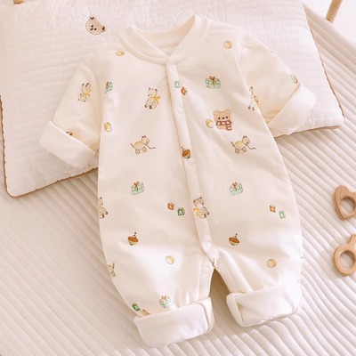 冬装夹棉婴儿连体衣纯棉长袖新生儿卡通哈衣宝宝加厚睡衣服秋冬