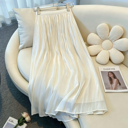 香槟色百褶半身裙女春夏2026新款流光纱大摆a字伞裙显瘦仙女裙子