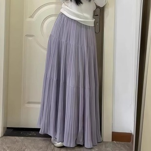 欧若风【雨雾紫藤】压褶半身裙春夏大摆a字长裙气质显瘦百褶长裙