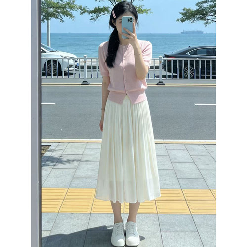 【流光溢彩】高级感高腰百褶半身裙女杏色宽松大摆长裙小个A字裙