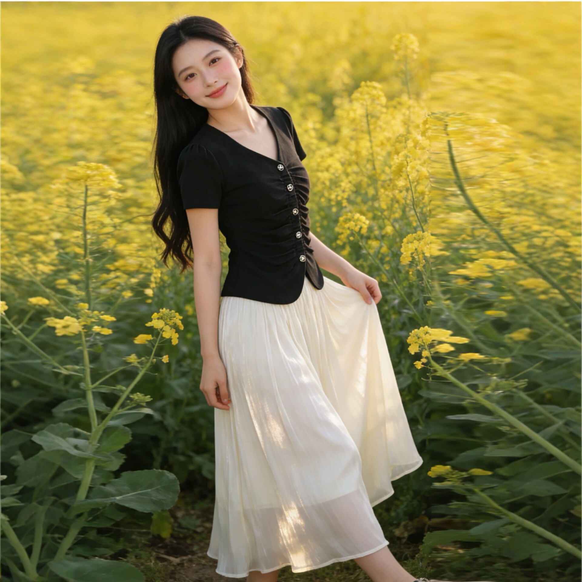 春季一整套温柔穿搭女夏新款黑色上衣高级感流光纱裙两件套装裙子