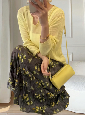 夏季套装女春2025新款爆款高级感慵懒黄色防晒上衣碎花半身长裙子