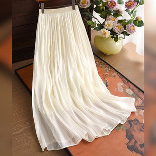 高级感杏色百褶半身裙女春季 流光纱蓬蓬裙中长a字大摆裙 2026新款