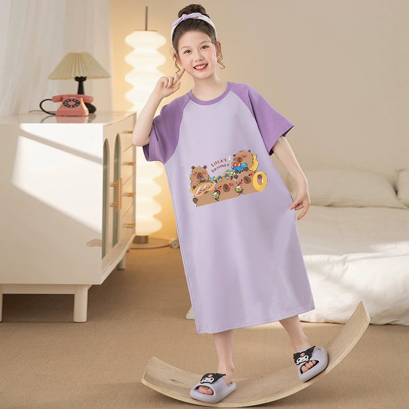 卡皮巴拉新款女童睡裙夏季短袖儿童睡衣女孩公主风中大童家居服