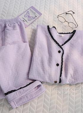 浅紫色空气棉夹层长袖睡衣女2025秋冬季新款小香风保暖家居服套装