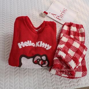 红色卡通HelloKitty加绒加厚珊瑚绒睡衣女秋冬新款可爱日系家居服