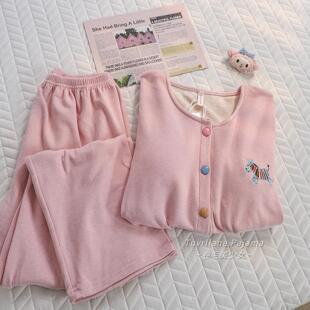 粉色带胸垫加厚保暖德绒长袖睡衣女秋冬季新款羊绒卡通纯棉家居服