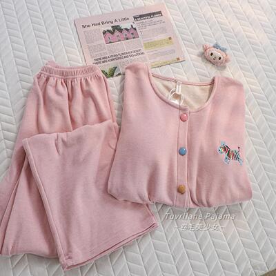 粉色带胸垫加厚保暖德绒长袖睡衣女2025秋冬季新款羊绒卡通家居服