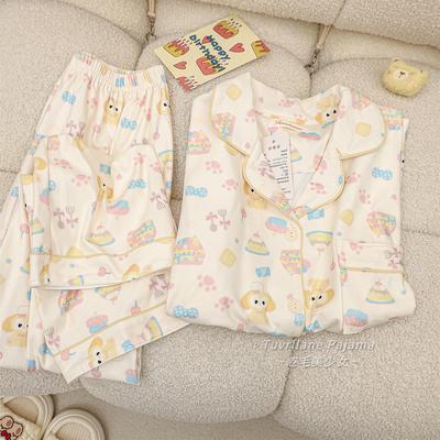 甜美风卡通饼饼德绒睡衣女家居服