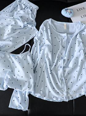 ins风蓝色爱心长袖睡衣女三件套装春秋夏季新款带胸垫甜美家居服